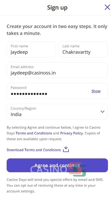 Casino Days sign up screenshot 2